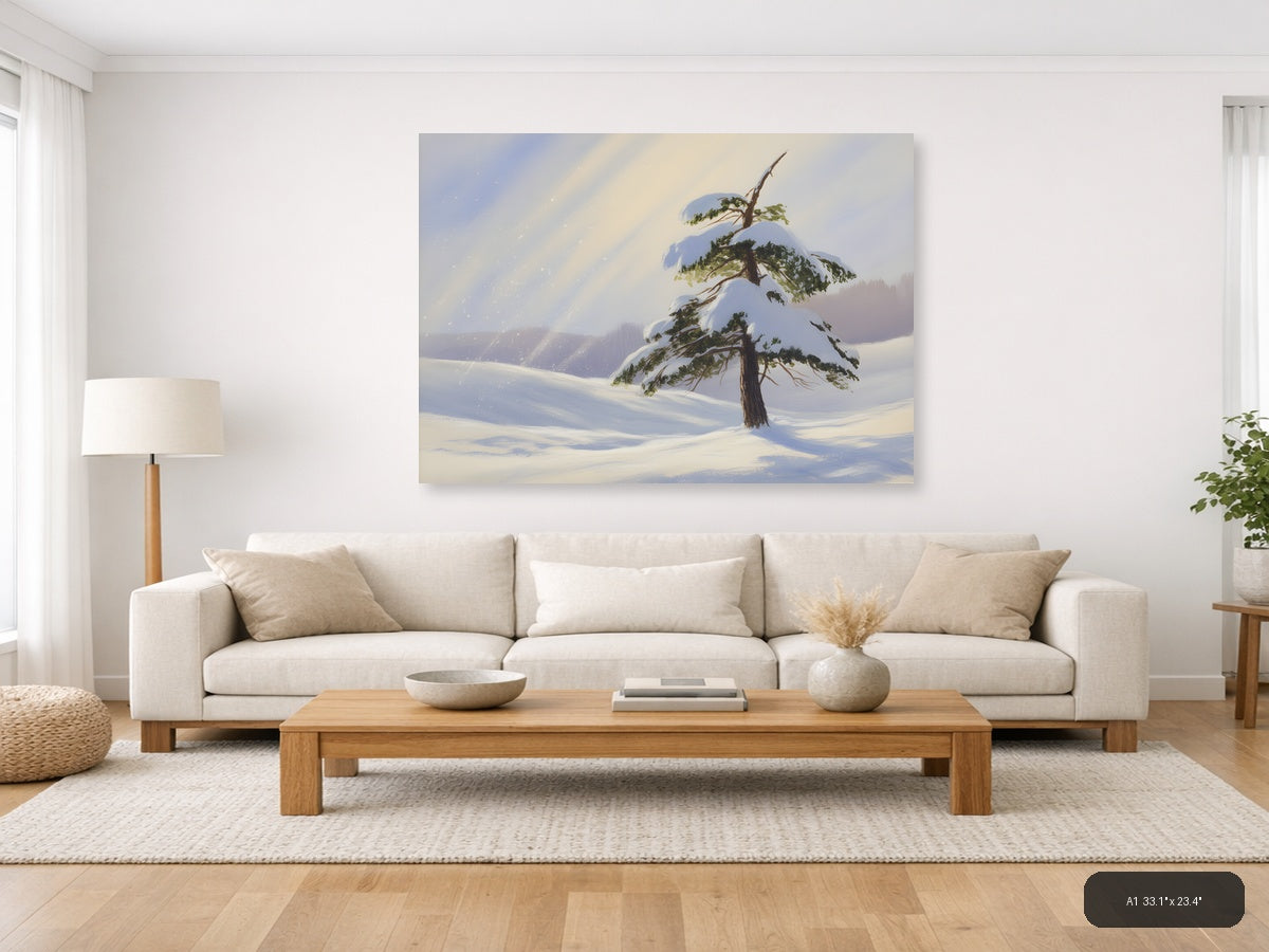 Snowy Pine Tree Winter Landscape Watercolor Wall Art — A1 / Living Room