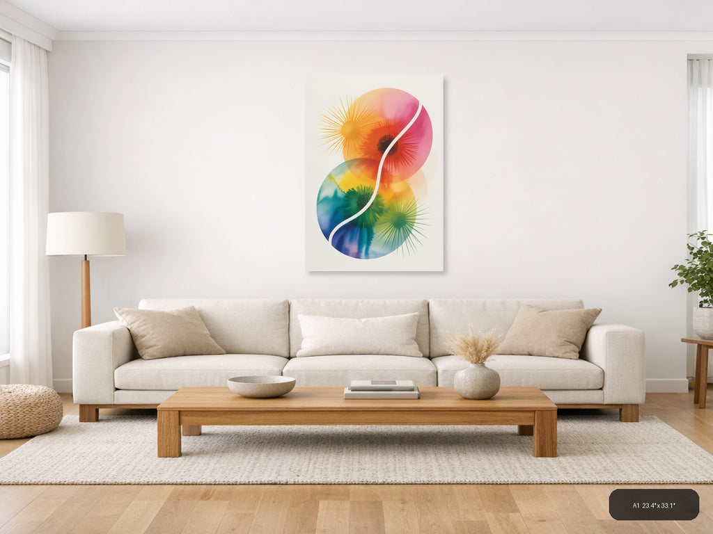 Rainbow Yin Yang Watercolor Floral Wall Art — A1 / Living Room