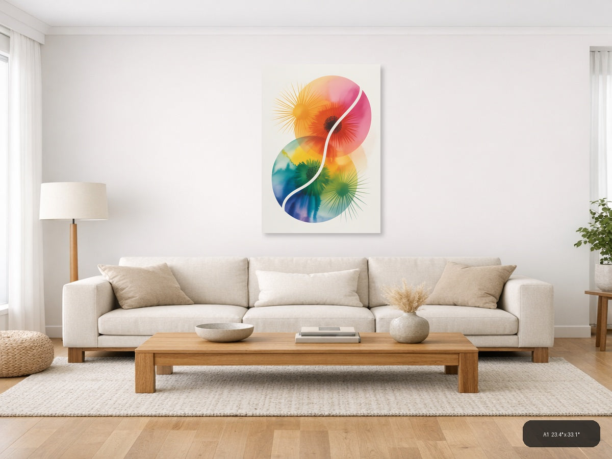 Rainbow Yin Yang Watercolor Floral Wall Art — A1 / Living Room