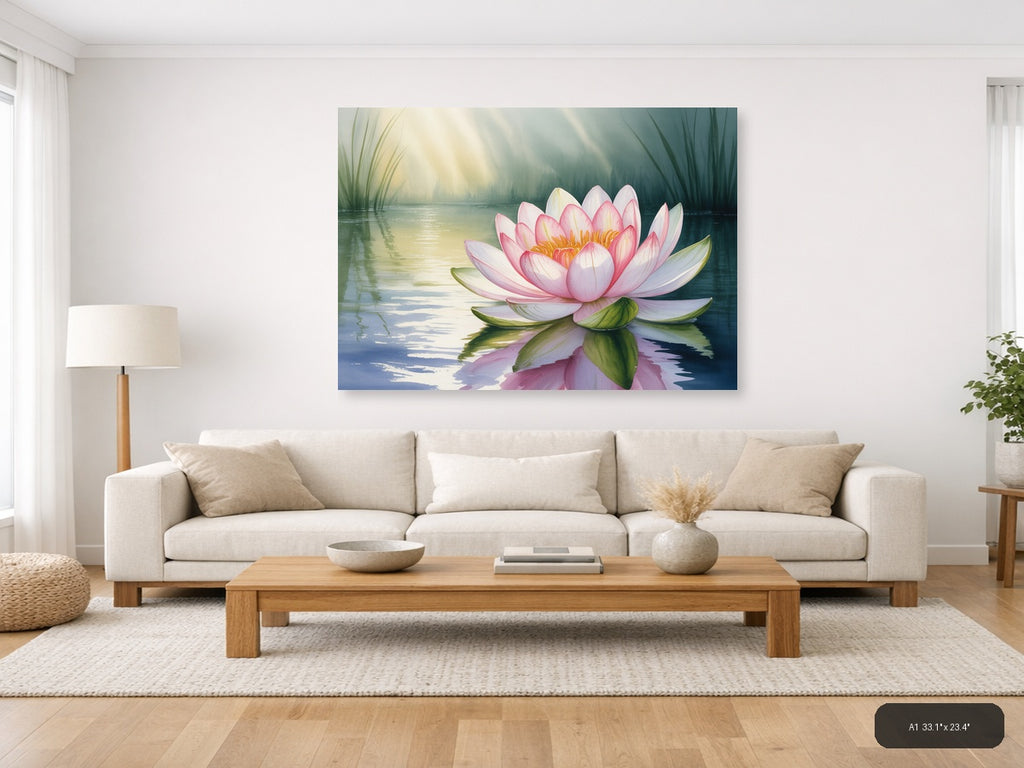 Pink Water Lily Watercolor Landscape Wall Art — A1 / Living Room