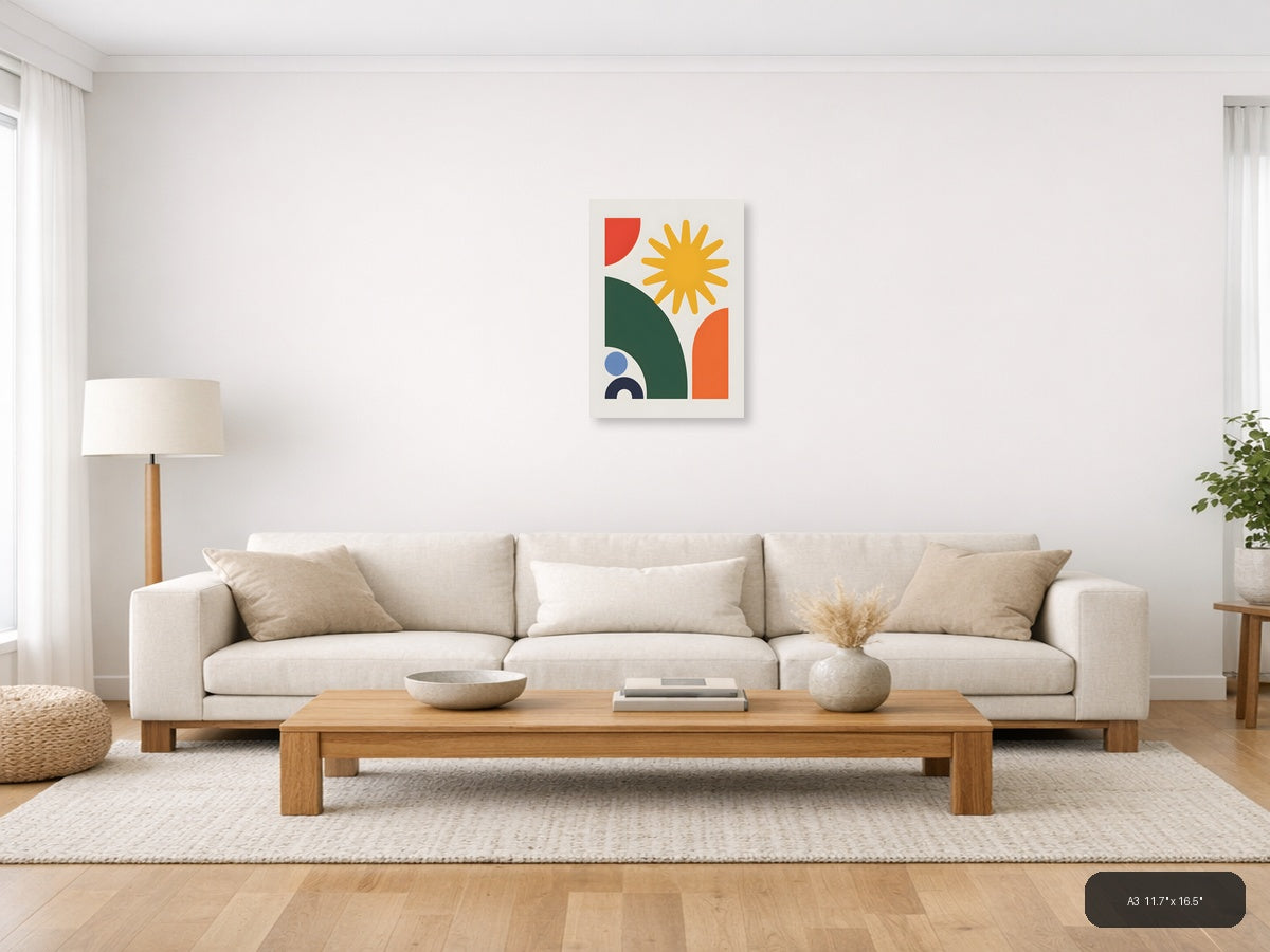 Minimalist Sun & Geometric Shapes Portrait Wall Art — A3 / Living Room