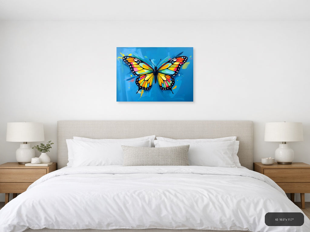 Vibrant Rainbow Butterfly Abstract Blue Wall Art — A3 / Bedroom