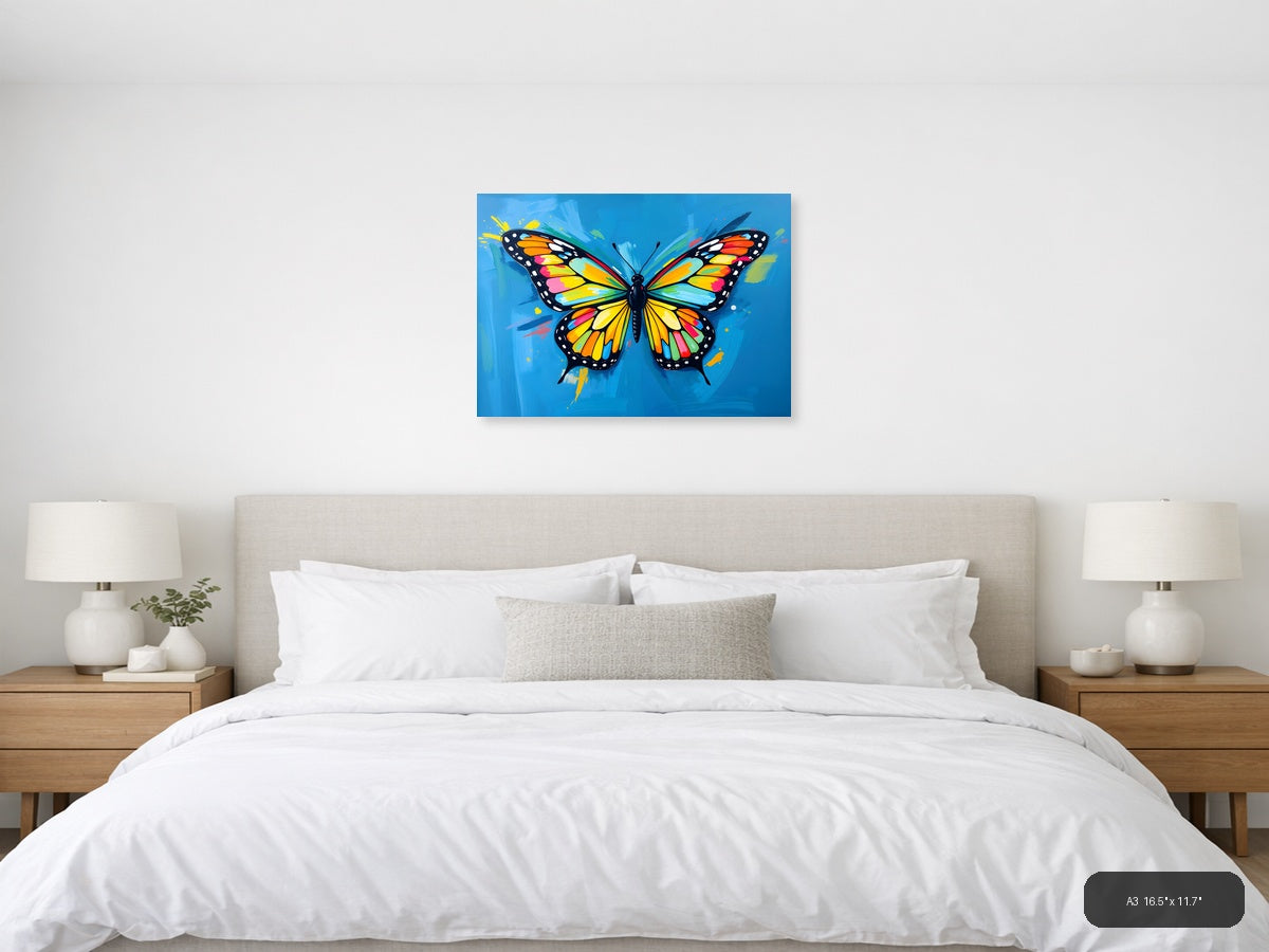 Vibrant Rainbow Butterfly Abstract Blue Wall Art — A3 / Bedroom