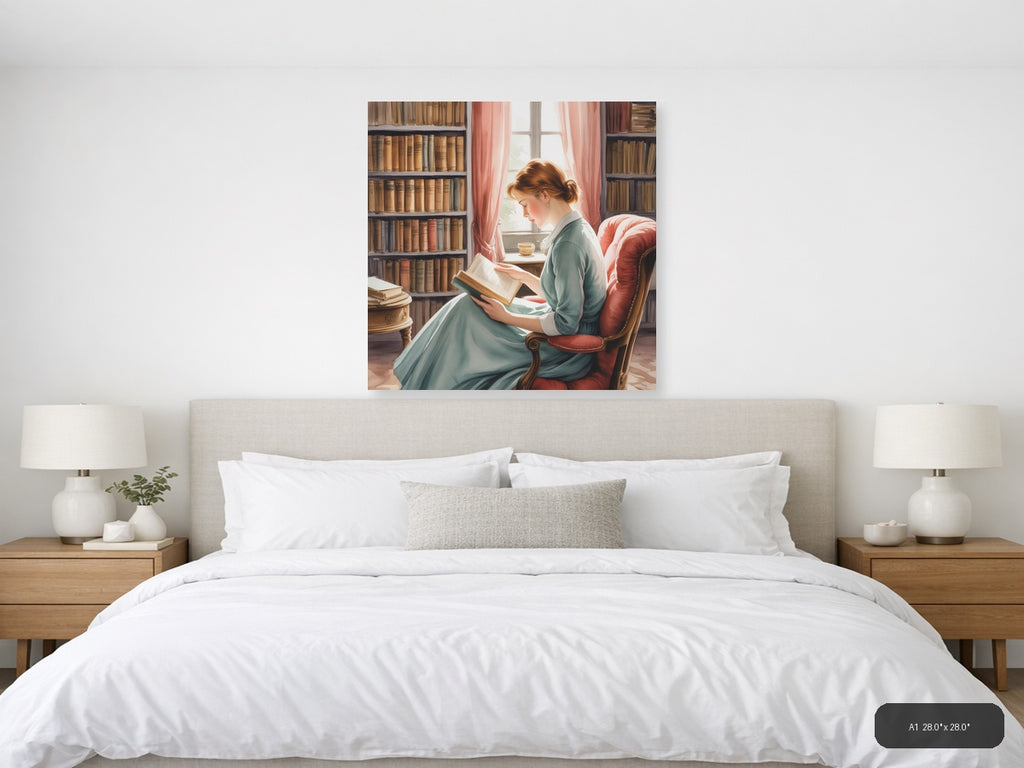 Woman Reading in Library Watercolor Wall Art — A1 / Bedroom