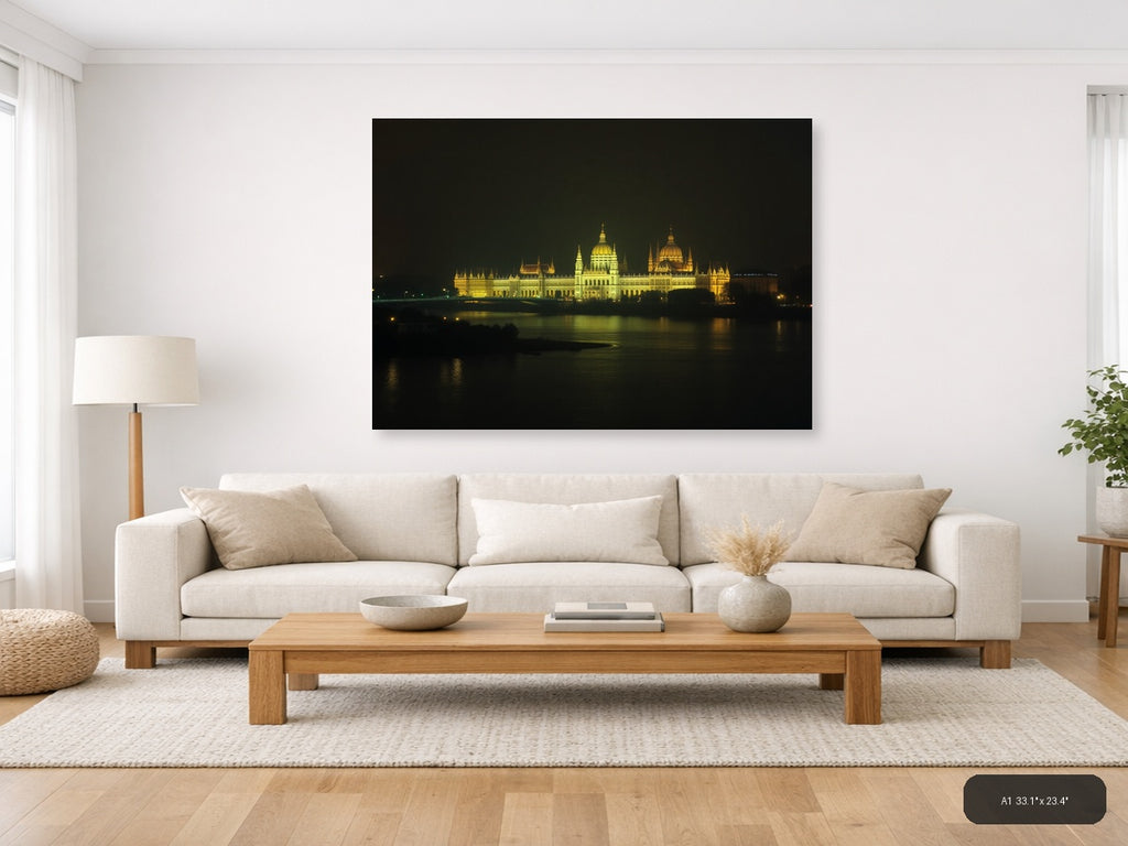 Golden Parliament Building Night Reflection | Minimalist Landscape Wall Art — A1 (Living Room)