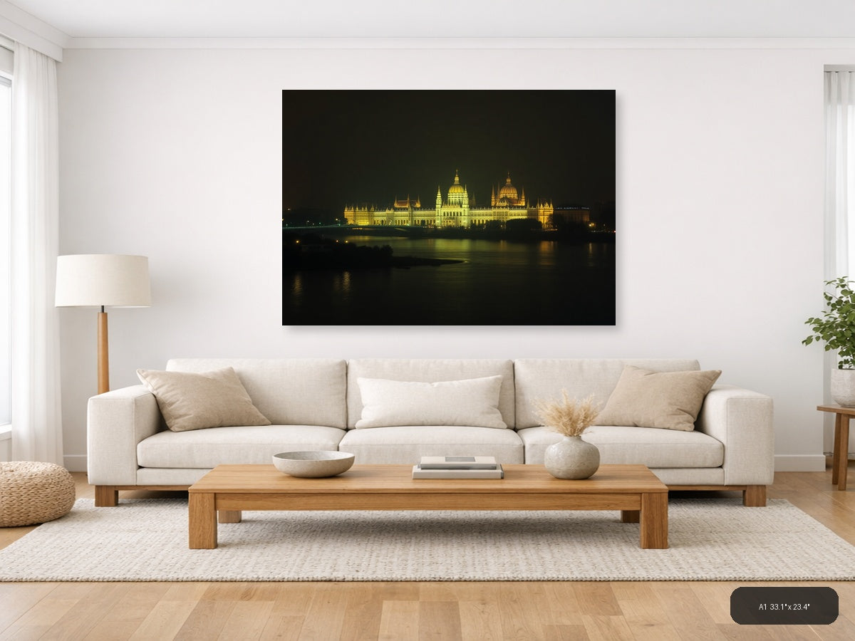 Golden Parliament Building Night Reflection | Minimalist Landscape Wall Art — A1 (Living Room)