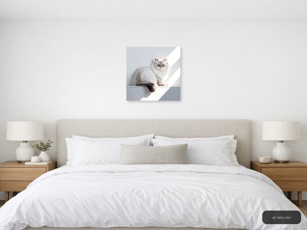 Minimalist White Cat with Blue Eyes Square Wall Art — A3 / Bedroom
