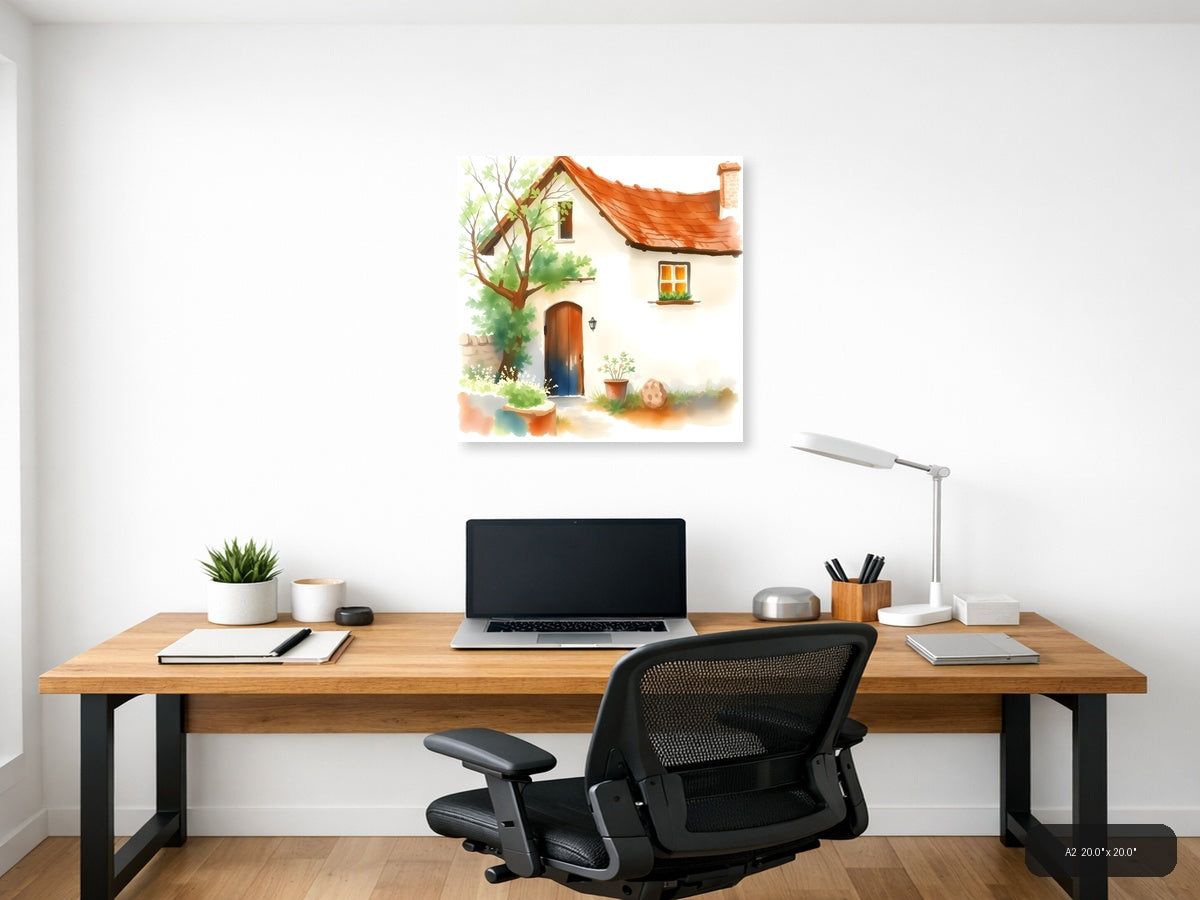 Cozy Cottage with Red Roof Watercolor Wall Art — A2 / Office