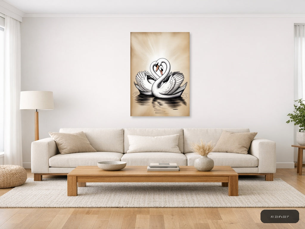 Two Swans Heart Shape Line Art Wall Art — A1 / Living Room