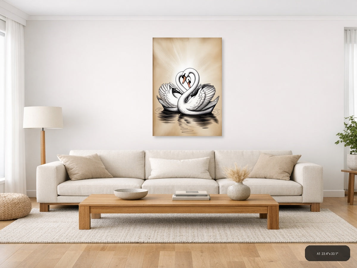 Two Swans Heart Shape Line Art Wall Art — A1 / Living Room