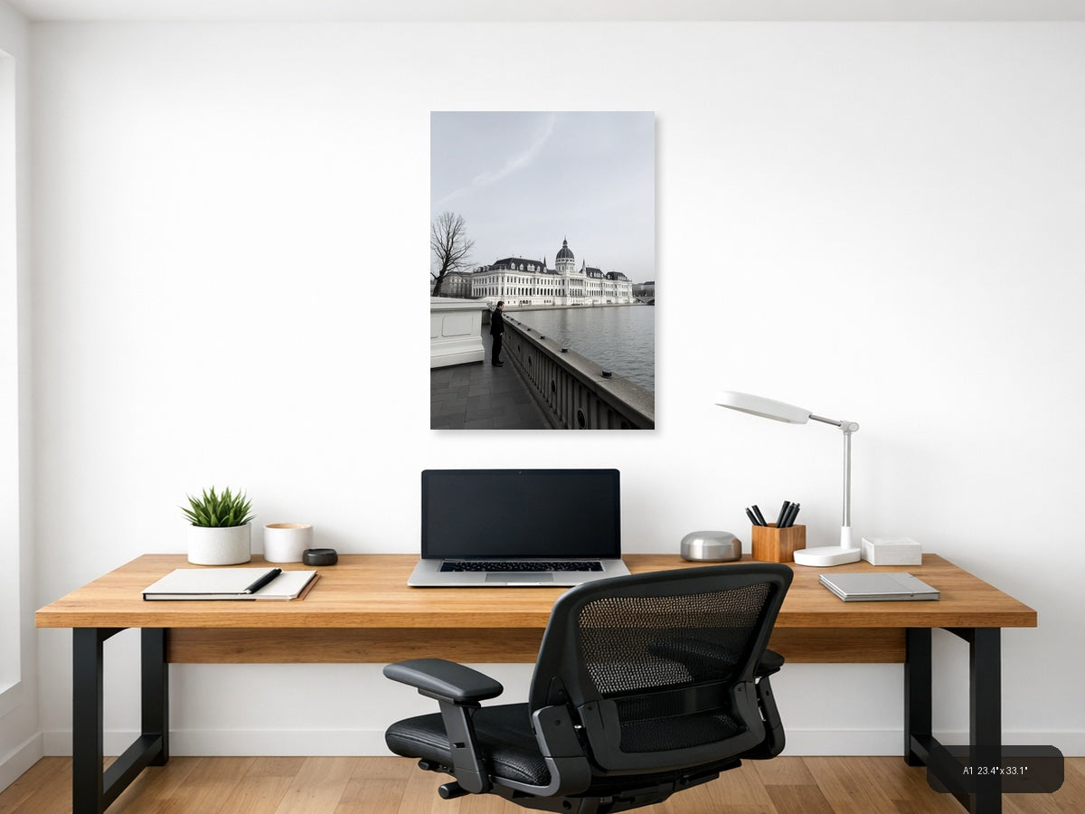 Man at Railing Overlooking Grand Palace | Minimalist Wall Art — A1 (Office)