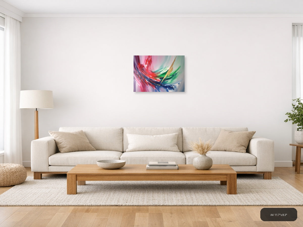 Abstract Fluid Motion Pink Red Green Blue Wall Art — A4 / Living Room