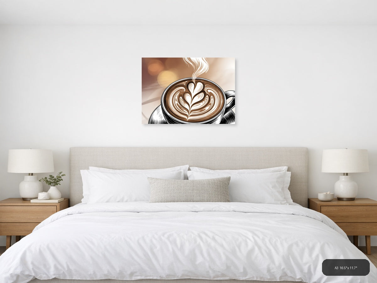 Latte Art Line Art - Coffee Cup with Heart Design Wall Art — A3 / Bedroom