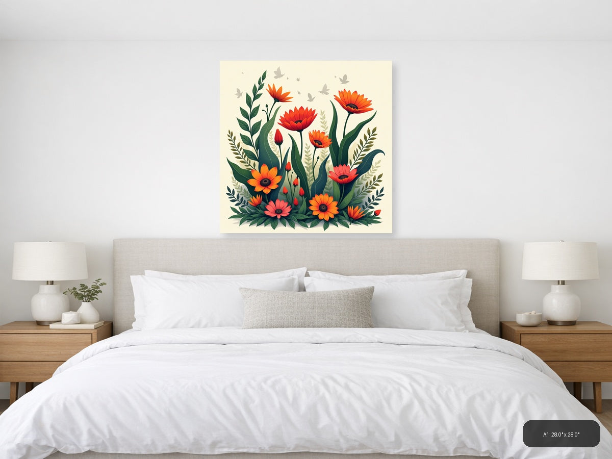 Red Orange Gerbera Daisies Botanical Square Wall Art — A1 / Bedroom