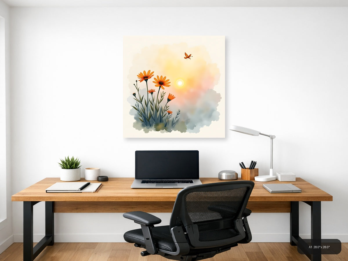Orange Flowers Butterfly Sunrise Watercolor Wall Art — A1 / Office