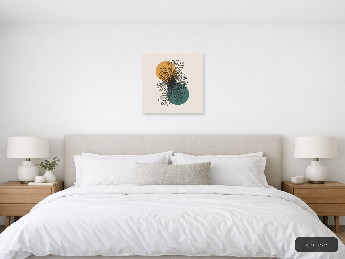 Abstract Flower Line Art with Golden & Teal Circles — A3 / Bedroom