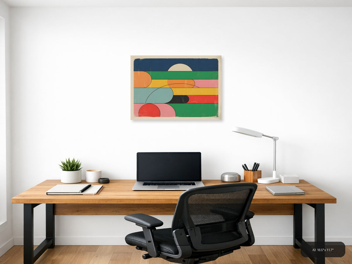Vintage Retro Geometric Landscape Sunrise Wall Art — A3 / Office
