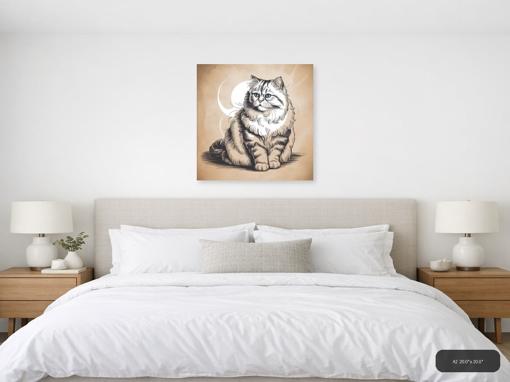 Fluffy Long-Haired Cat with Blue Eyes Line Art Wall Art — A2 / Bedroom