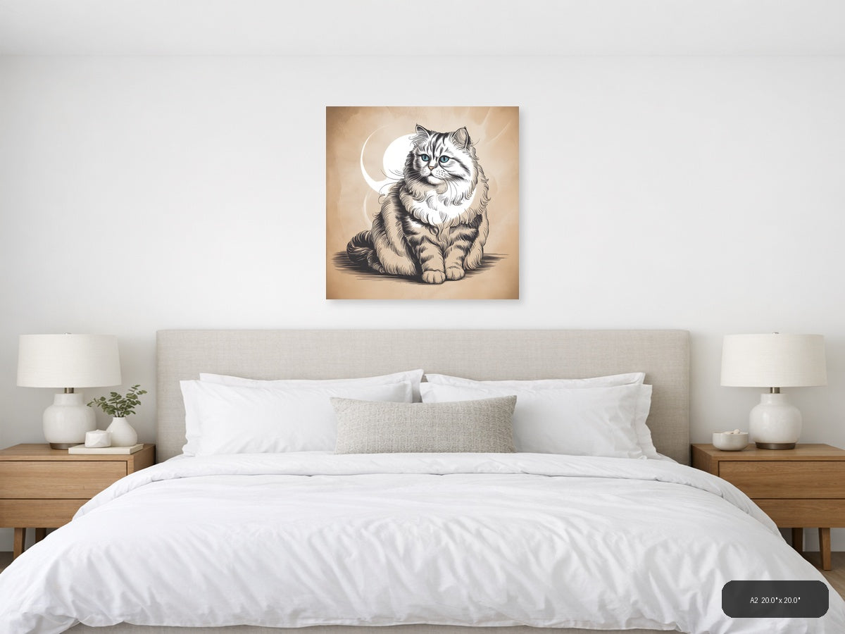 Fluffy Long-Haired Cat with Blue Eyes Line Art Wall Art — A2 / Bedroom