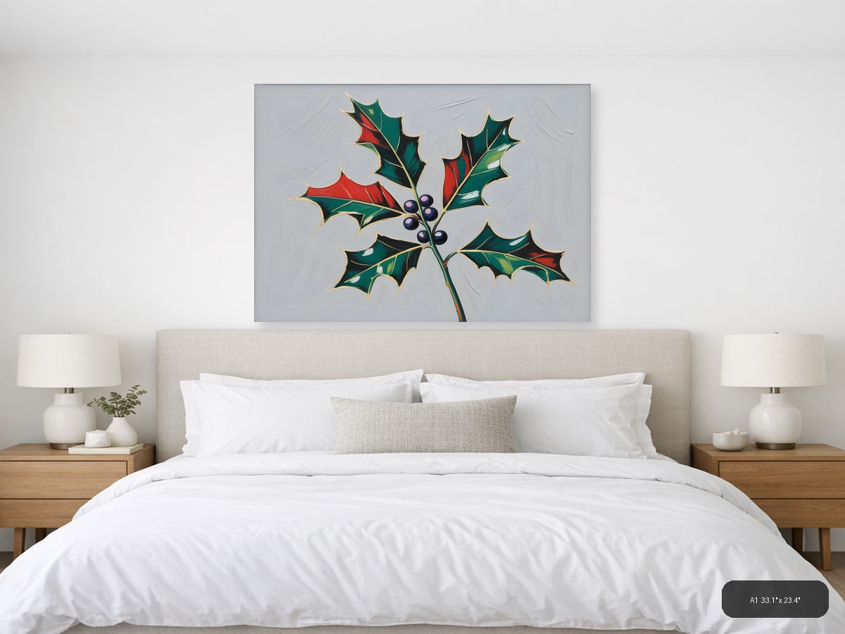 Holly Berries Christmas Botanical Illustration Wall Art — A1 / Bedroom