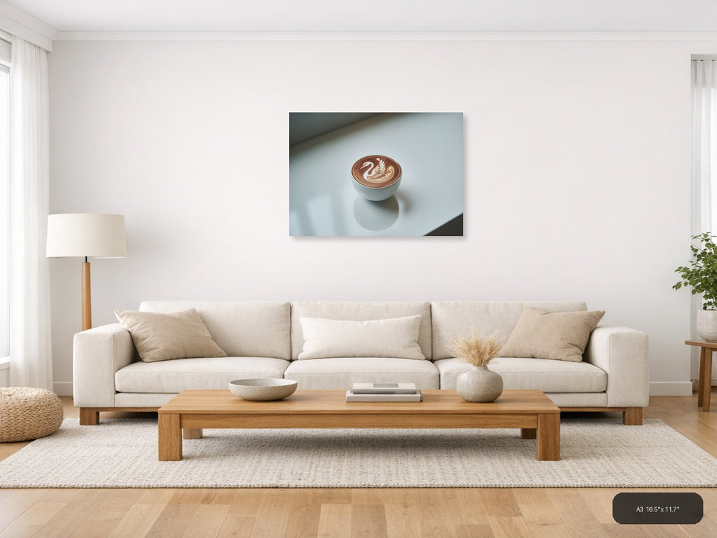 Minimalist Swan Latte Art Coffee Cup Wall Art — A3 / Living Room