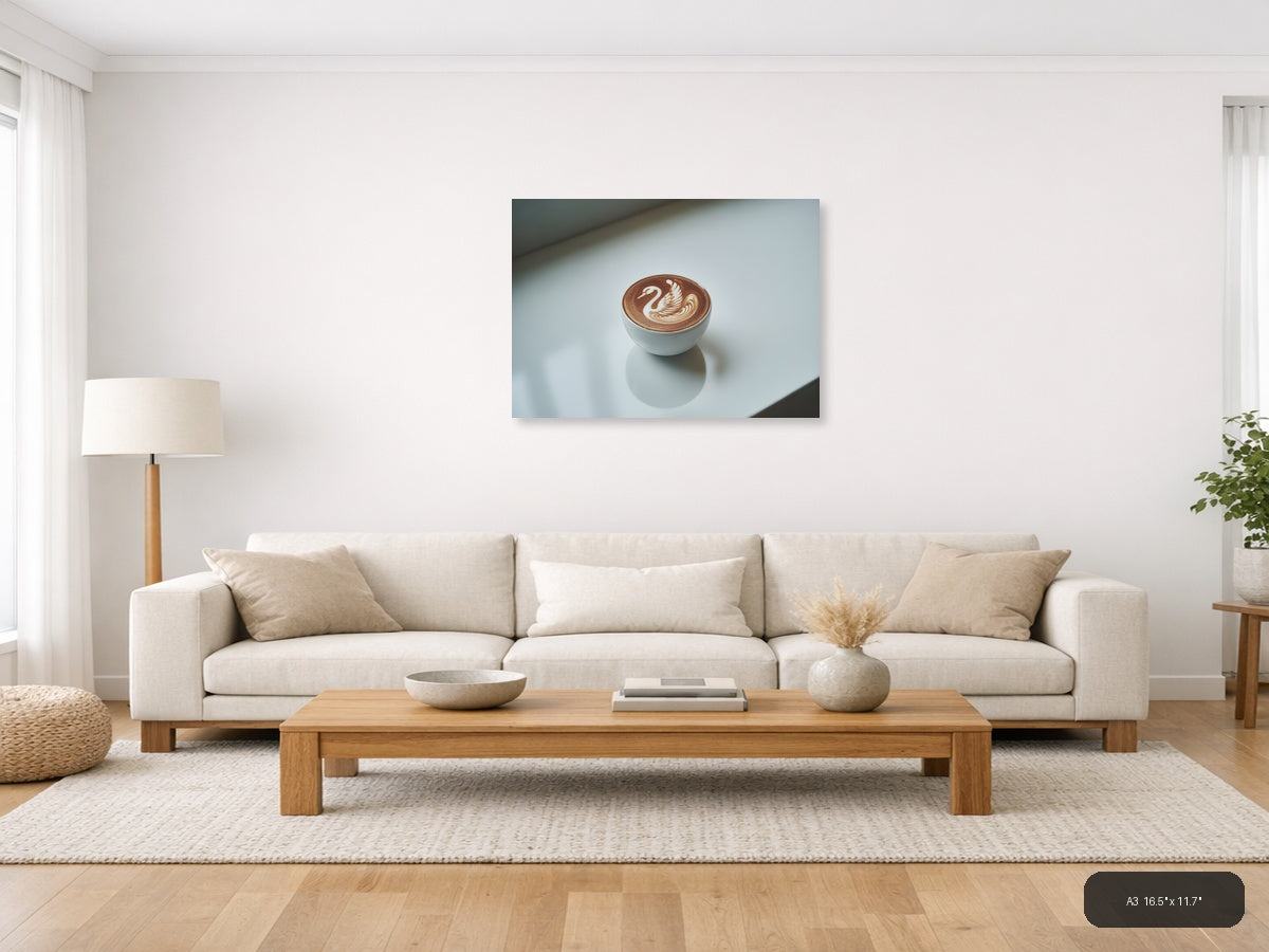 Minimalist Swan Latte Art Coffee Cup Wall Art — A3 / Living Room