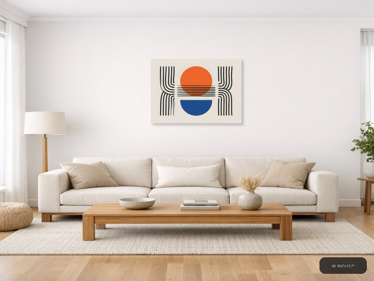 Minimalist Sunset Line Art with Geometric Shapes Wall Art — A3 / Living Room