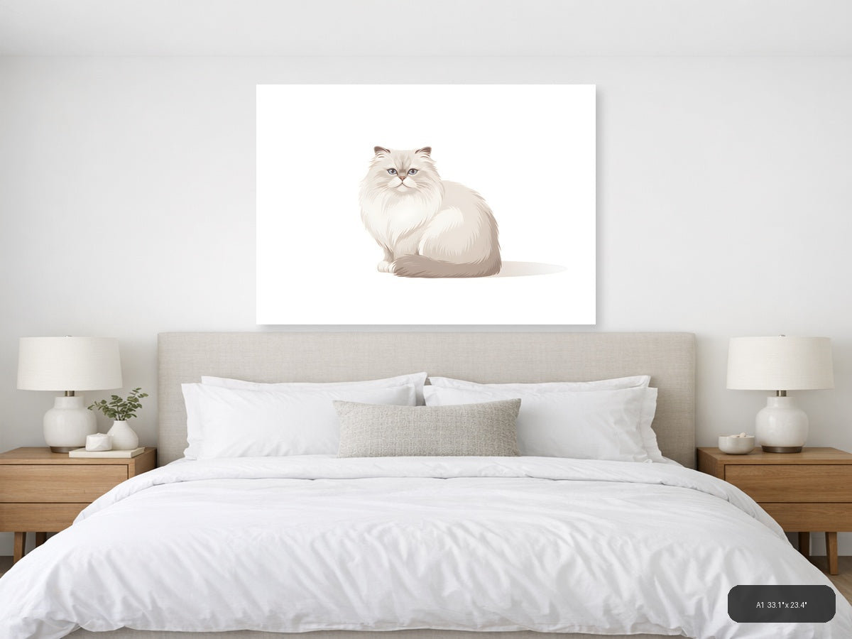 Minimalist White Fluffy Cat Portrait Wall Art — A1 / Bedroom