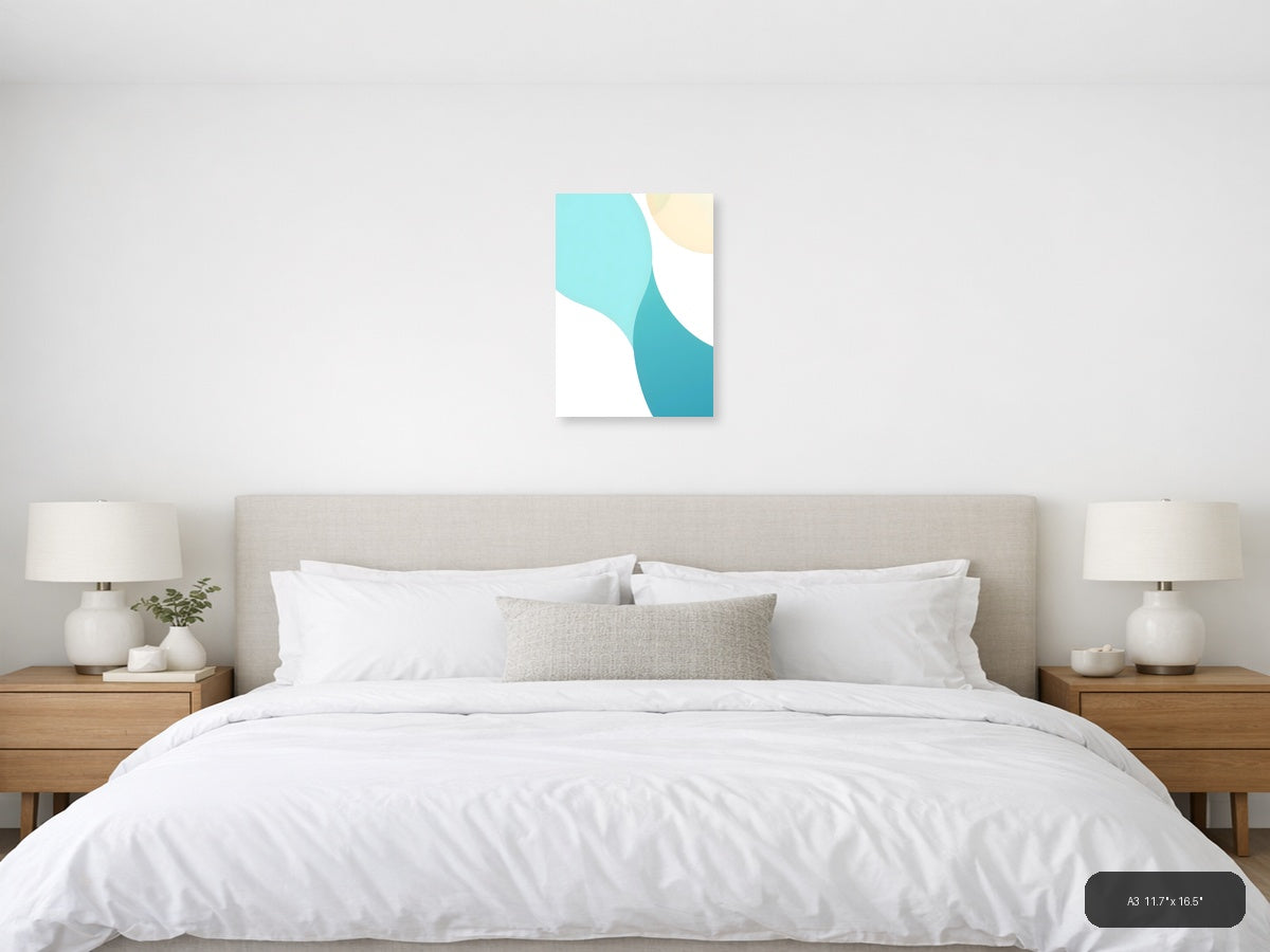Minimalist Turquoise and Cream Abstract Curves Wall Art — A3 / Bedroom