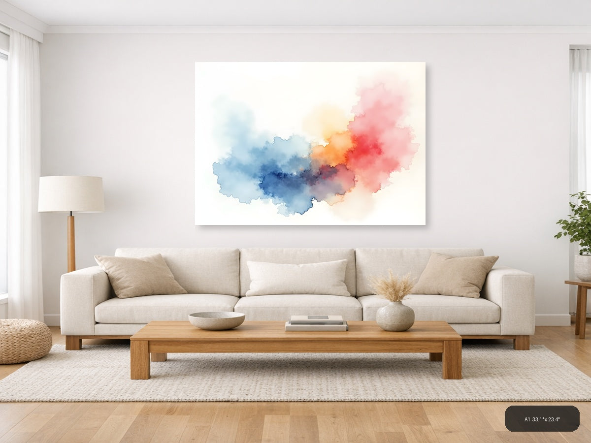 Abstract Watercolor Map China Blue Red Pink Wall Art — A1 / Living Room