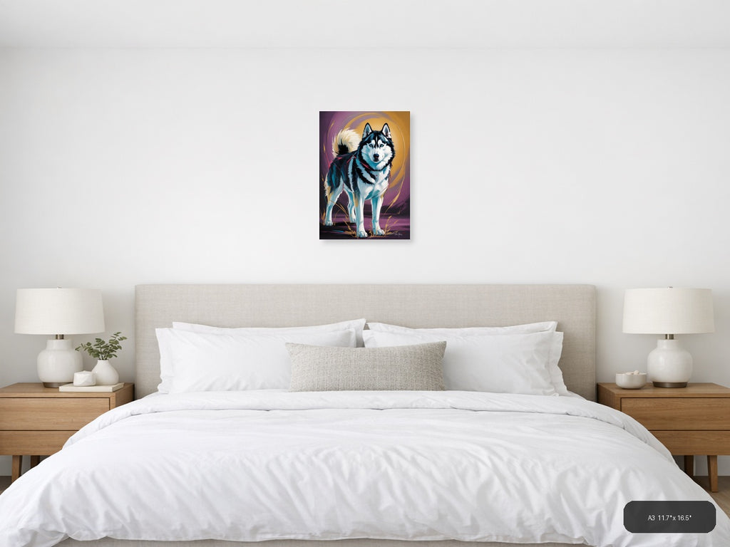 Abstract Husky Portrait with Vibrant Blue & Gold Wall Art — A3 / Bedroom