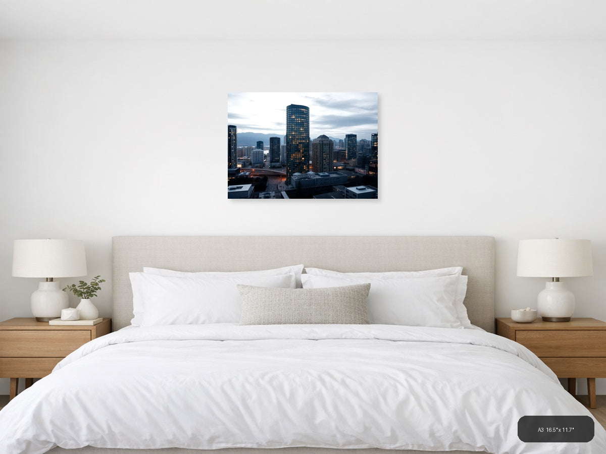 Urban Skyline at Dusk with Glowing Windows | Modern City Wall Art — A3 (Bedroom)