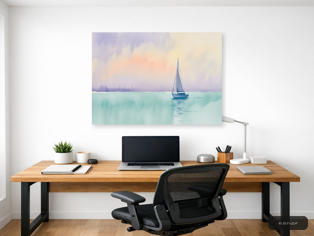 Sailboat on Turquoise Waters Watercolor Wall Art — A1 / Office