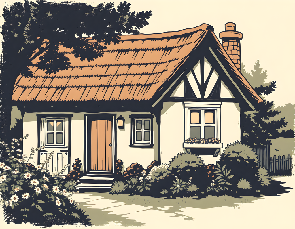 Vintage Cottage House with Garden - Landscape Wall Art