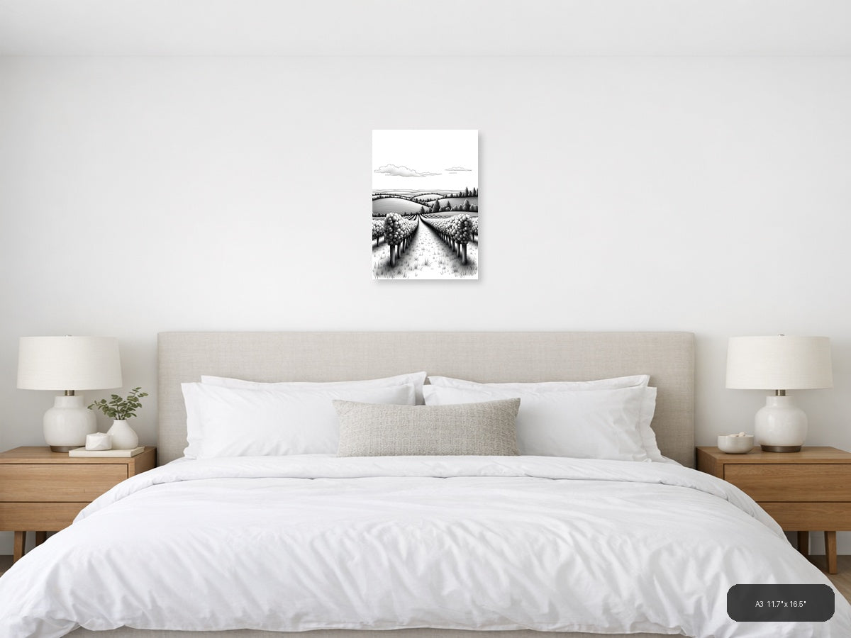 Orchard Farm Landscape Line Art Wall Art — A3 / Bedroom
