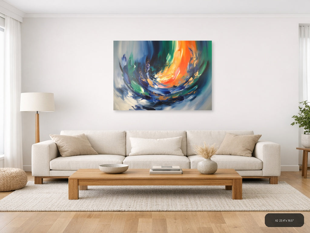 Vibrant Abstract Swirl with Orange and Blue Wall Art — A2 / Living Room