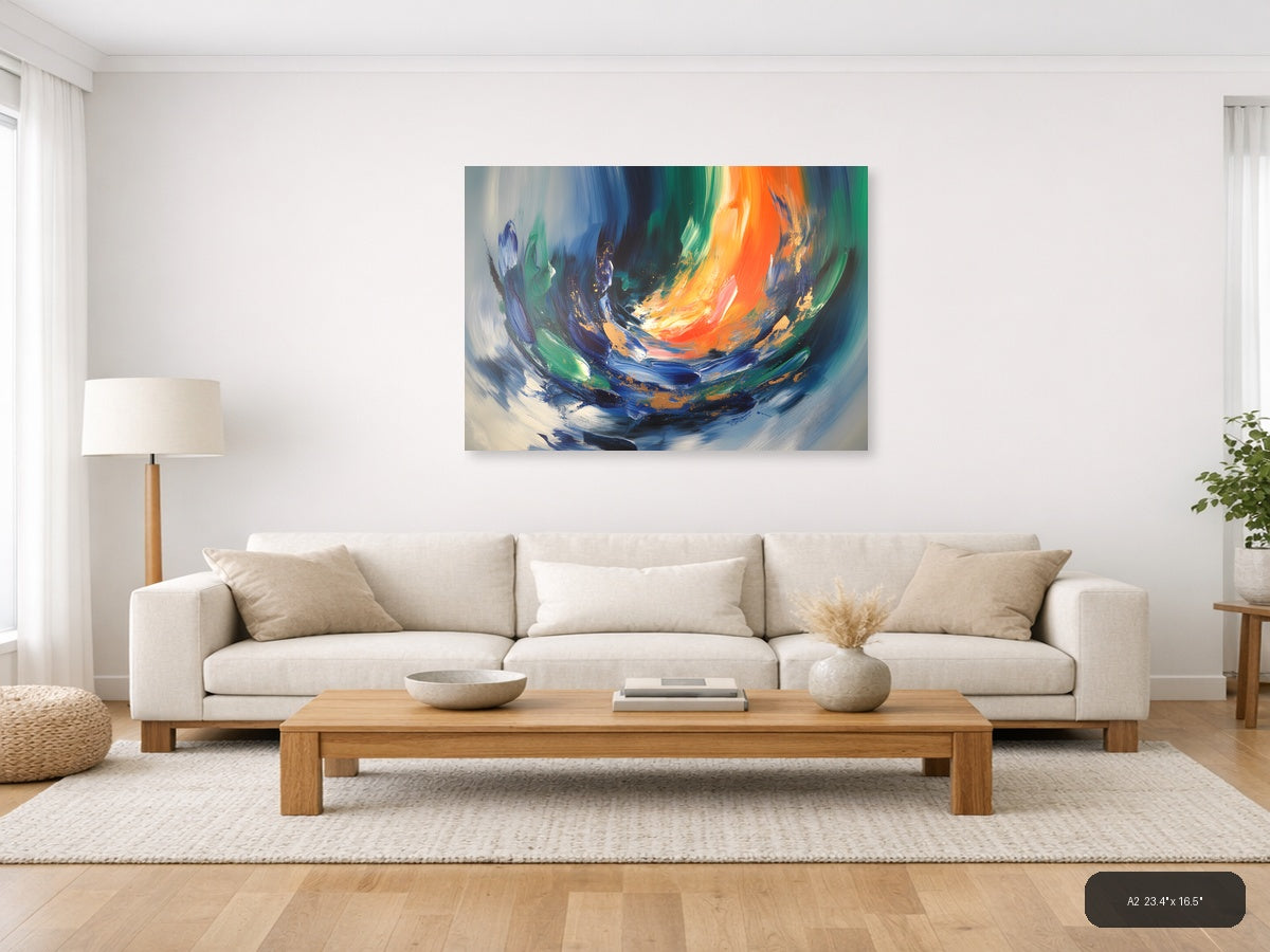 Vibrant Abstract Swirl with Orange and Blue Wall Art — A2 / Living Room