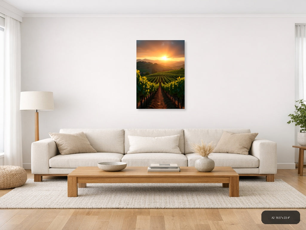 Golden Sunset Over Vineyard Rows Photography Wall Art — A2 / Living Room