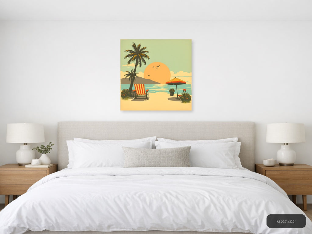 Vintage Beach Sunset Palm Tree Scene Wall Art — A2 / Bedroom