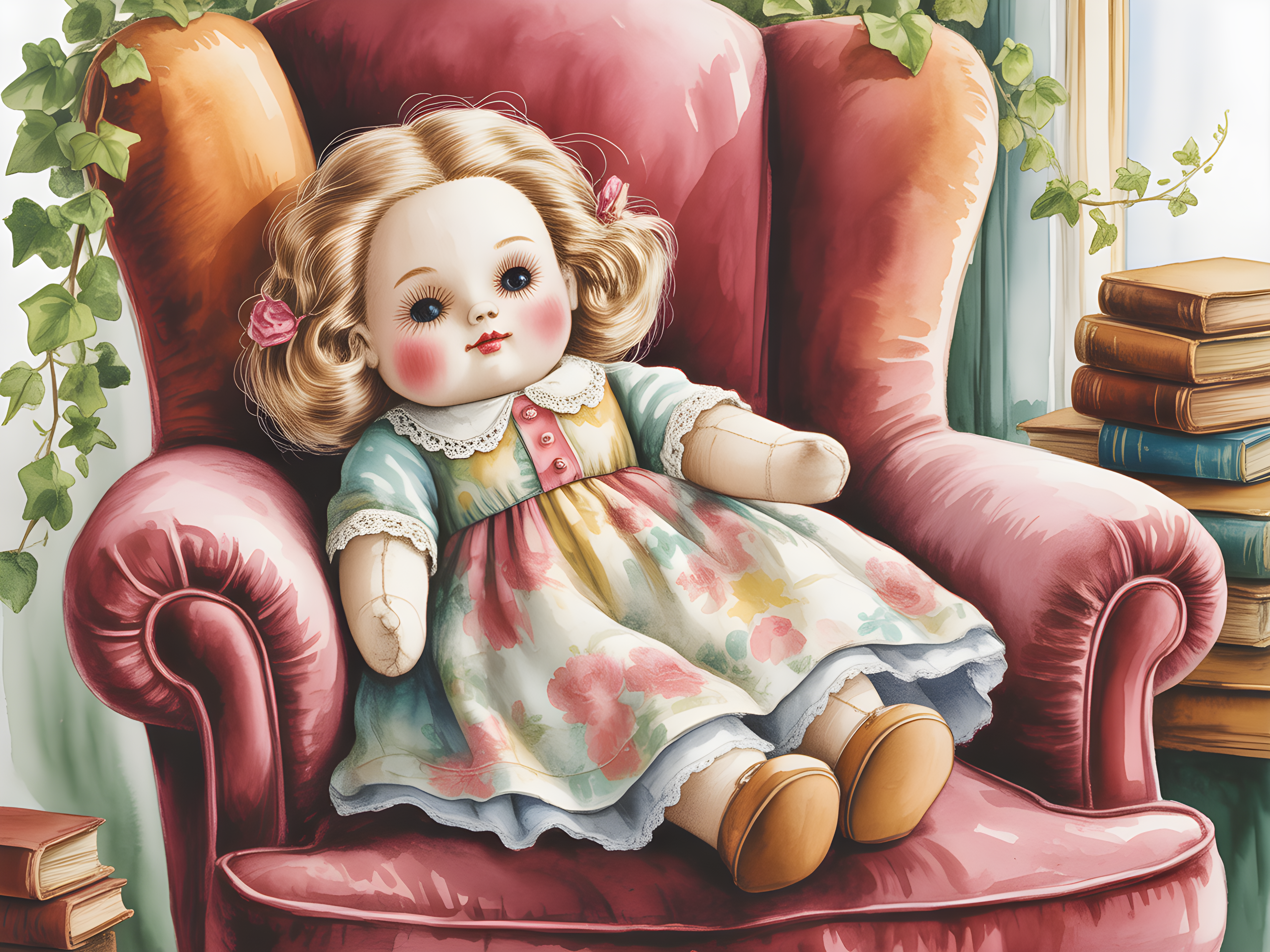 Vintage Doll in Pink Chair Watercolor Wall Art