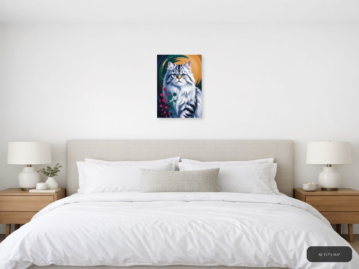 Blue-Eyed White Cat Abstract Portrait Wall Art — A3 / Bedroom