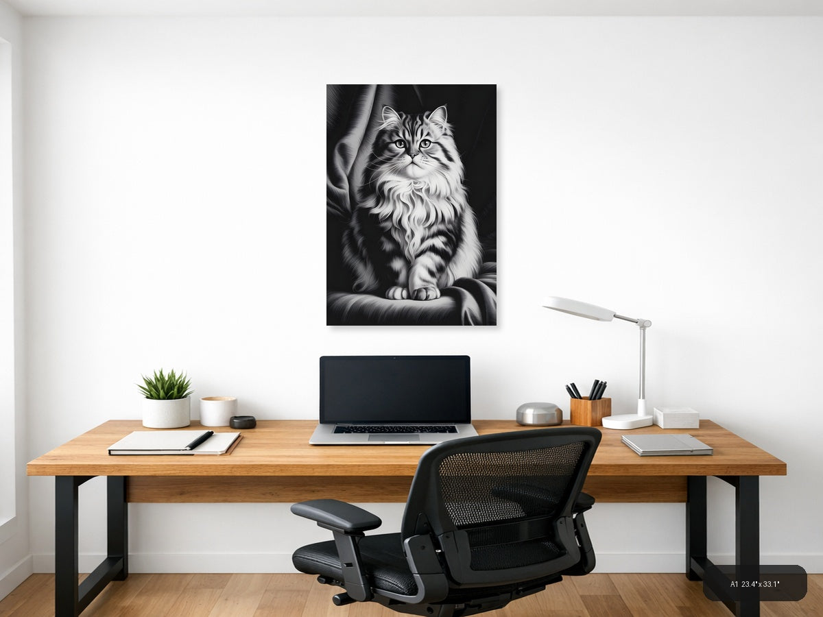 Fluffy Long-Haired Tabby Cat Portrait Photography Wall Art — A1 / Office