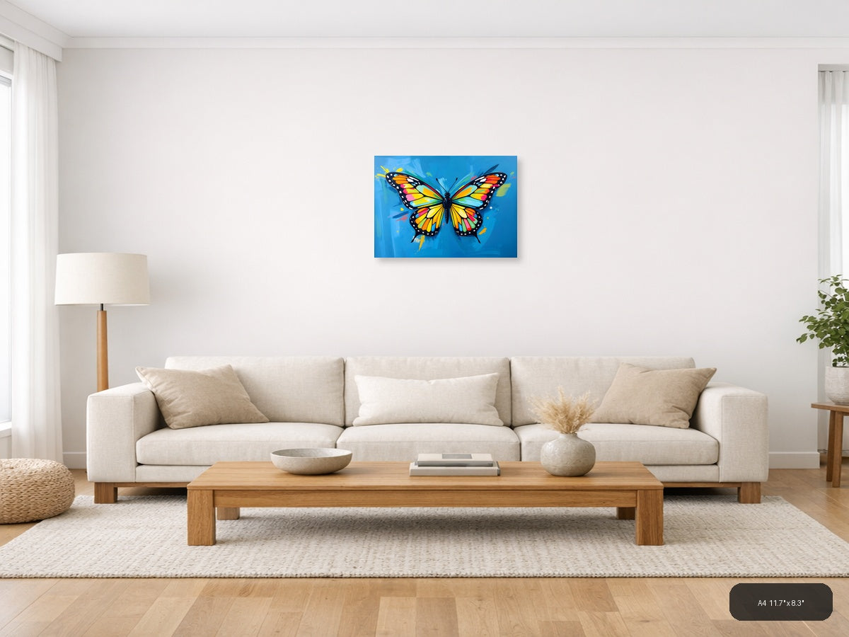 Vibrant Rainbow Butterfly Abstract Blue Wall Art — A4 / Living Room