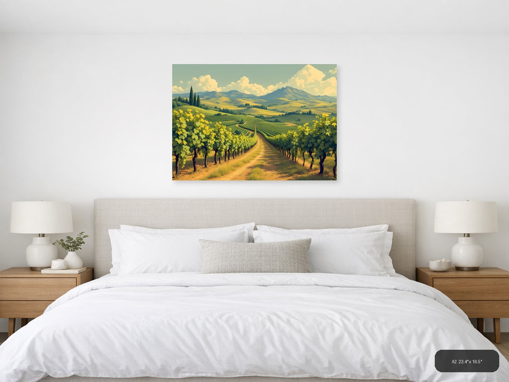 Vintage Tuscan Vineyard Landscape with Mountains Wall Art — A2 / Bedroom