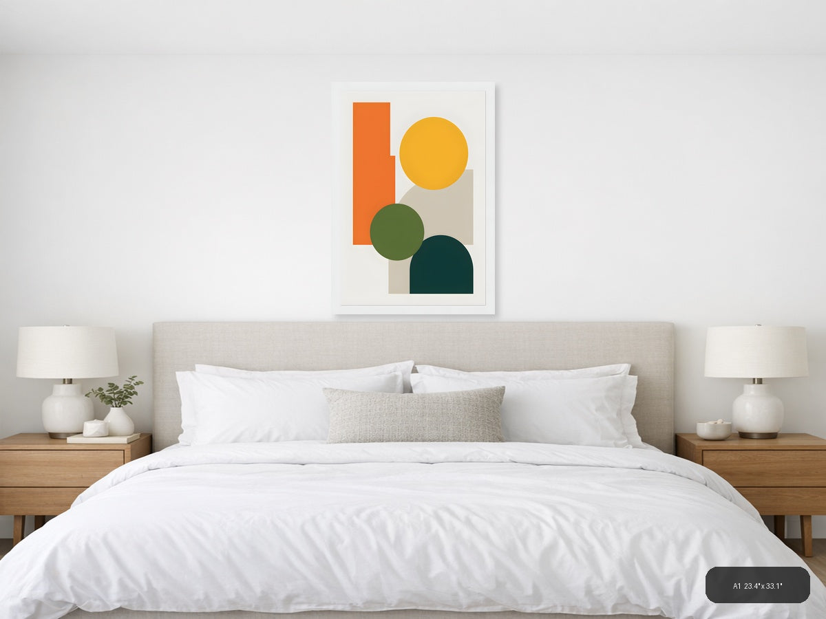 Minimalist Geometric Shapes in Orange, Yellow & Teal Wall Art — A1 / Bedroom