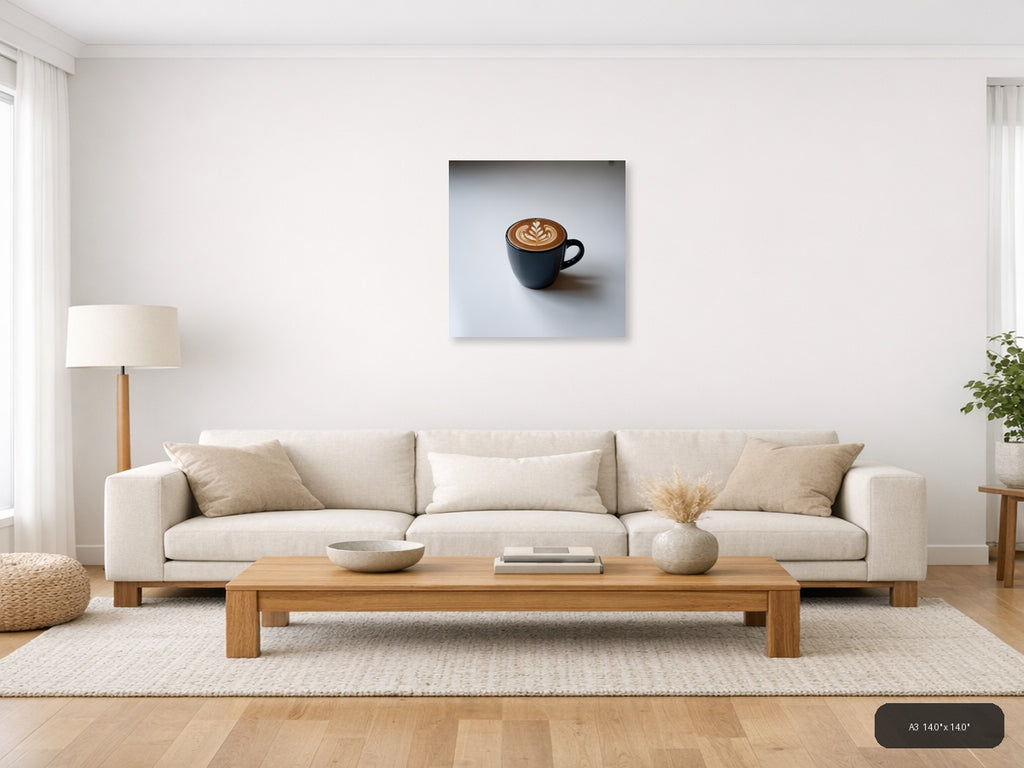 Minimalist Black Coffee Cup with Latte Art Wall Art — A3 / Living Room