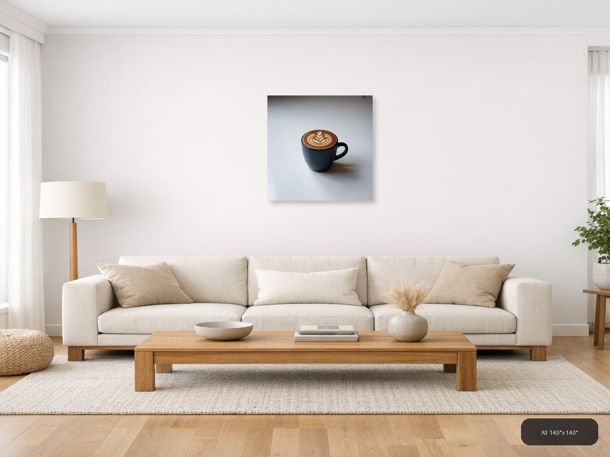 Minimalist Black Coffee Cup with Latte Art Wall Art — A3 / Living Room