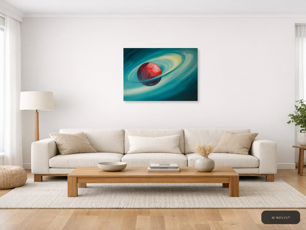 Red Planet with Rings Abstract Landscape Wall Art — A3 / Living Room