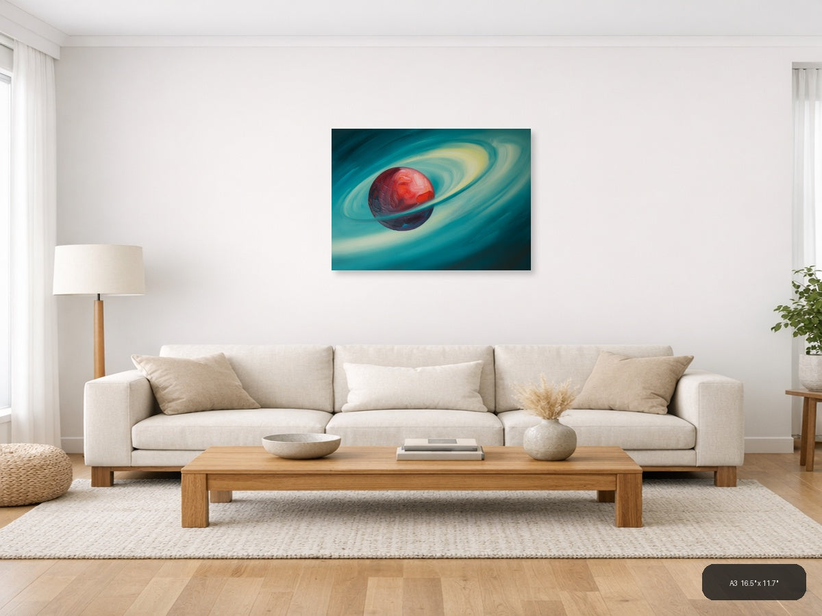 Red Planet with Rings Abstract Landscape Wall Art — A3 / Living Room
