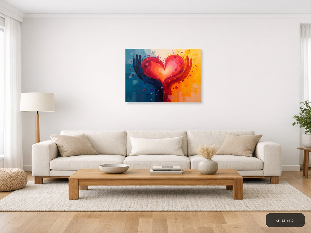 Glowing Heart in Hands Abstract Rainbow Canvas Print Wall Art — A3 (Living Room)